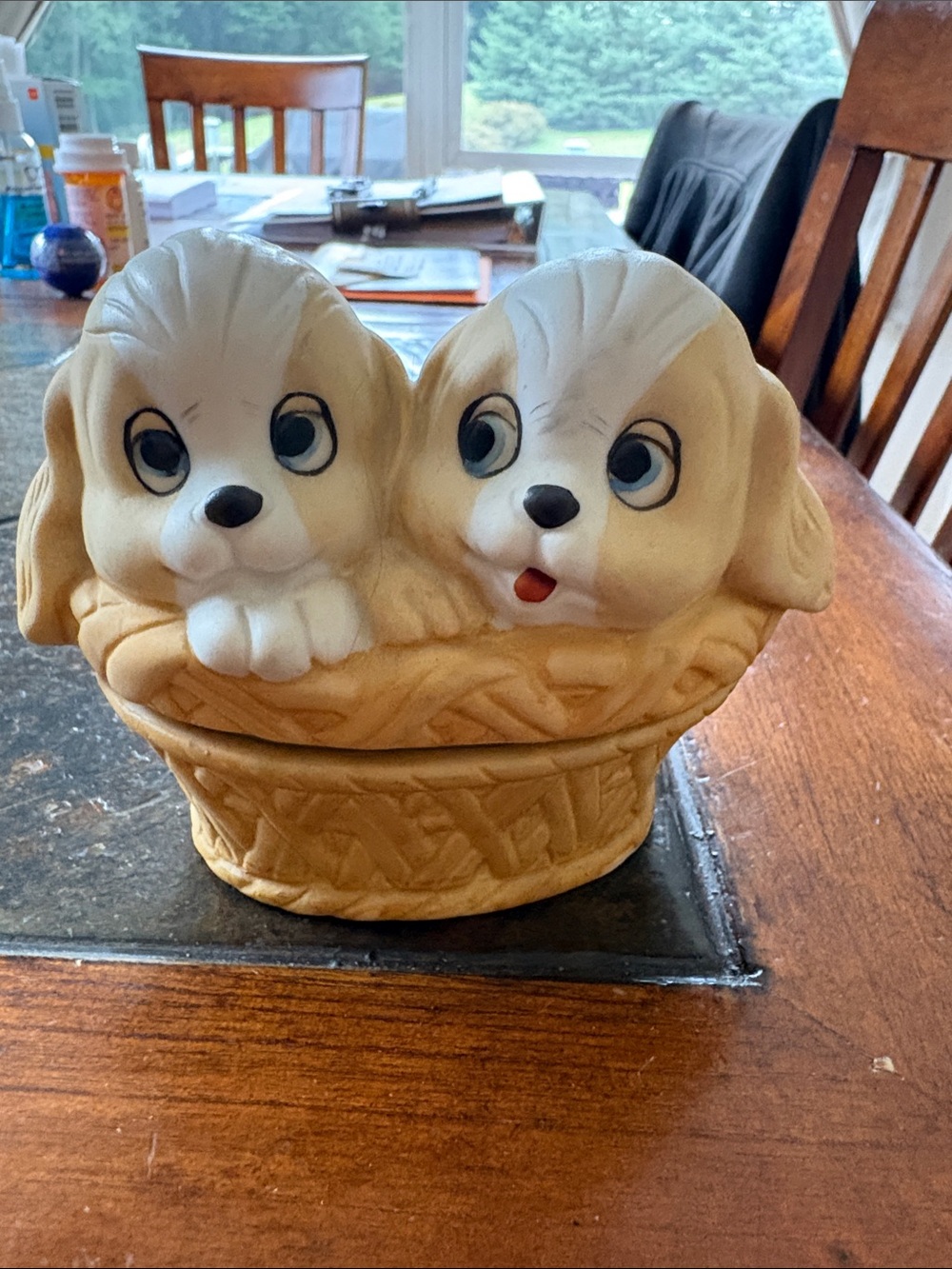 Cute Puppy Duo Basket Figurine - Cream & Tan